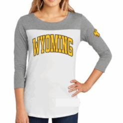 Wyoming Cowboys Women’s 3/4 Sleeve Tee – White/Grey