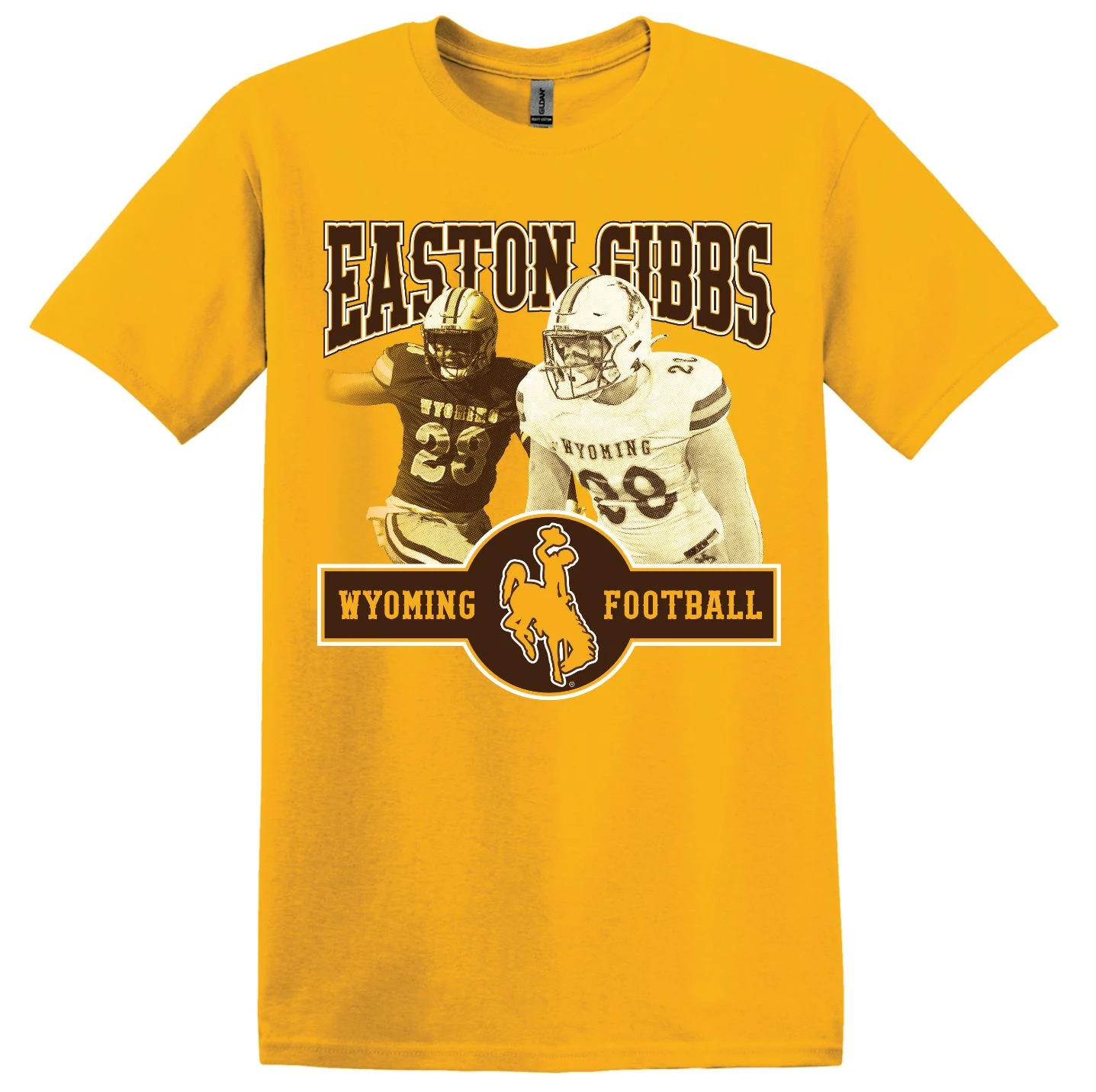 Wyoming Cowboys #28 Easton Gibbs Football YOUTH S/S Tee – Gold