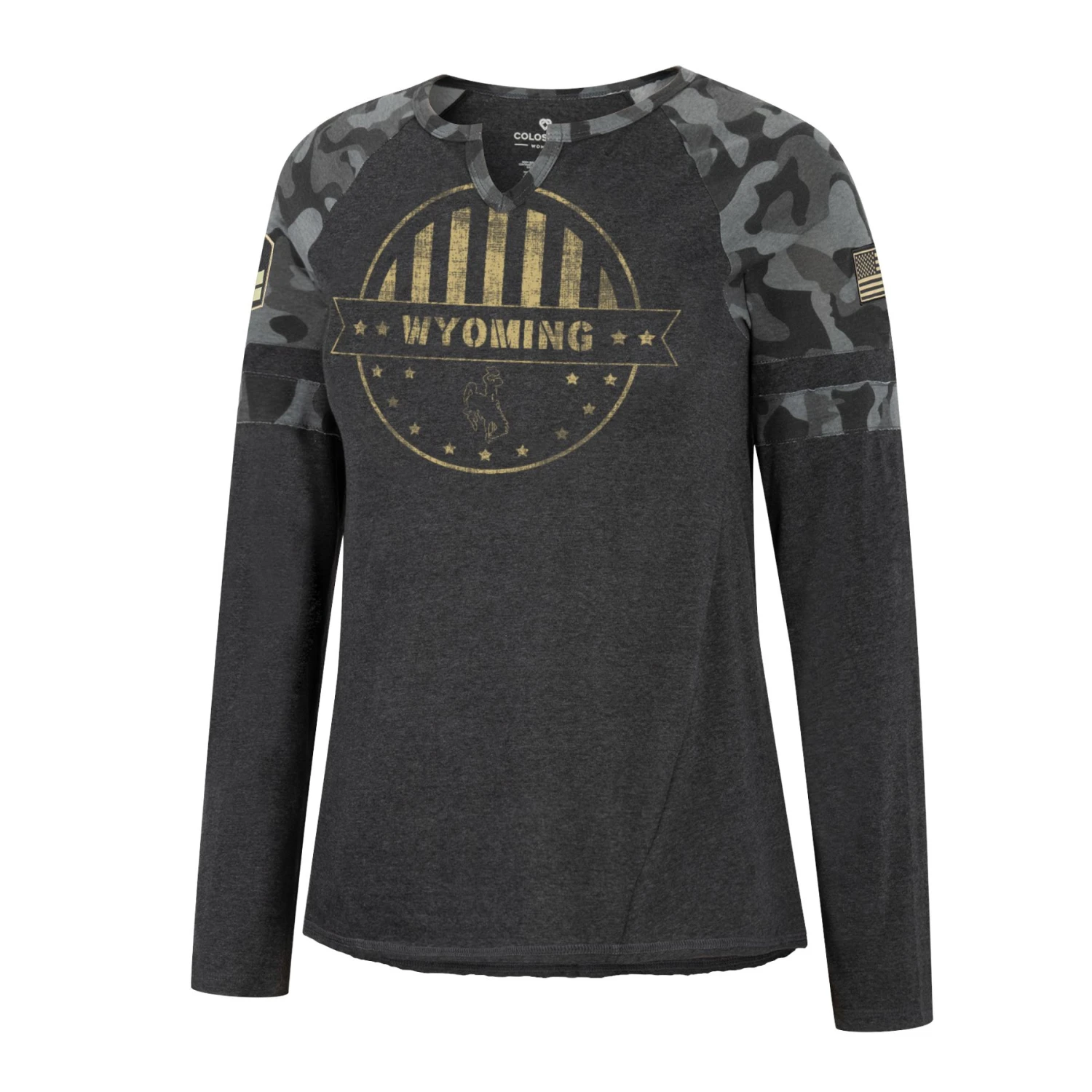 Wyoming Cowboys OHT Women’s Spirit L/S V-Notch Tee – Black/Camo 3 Wyoming Cowboys OHT Women’s Spirit L/S V-Notch Tee – Black/Camo